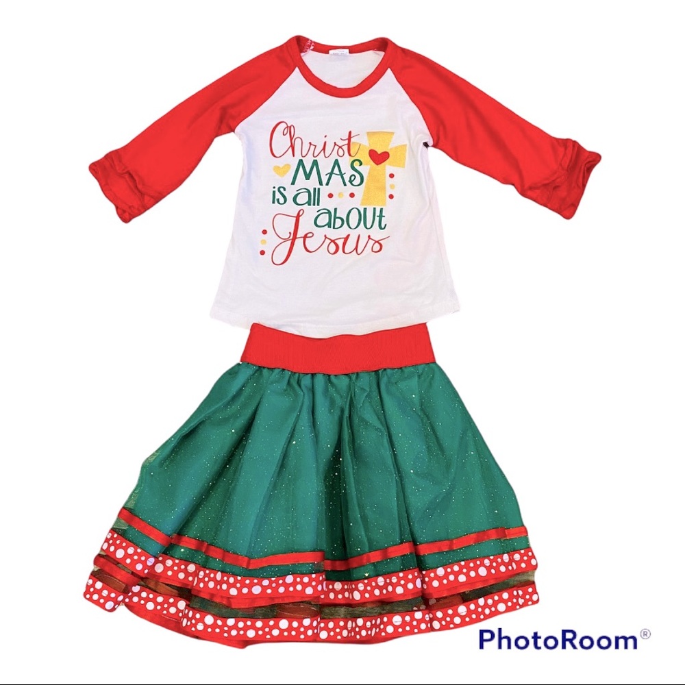 Christmas Outfit 3T-4T Christmas All About Jesus Top and Tulle Glitter skirt